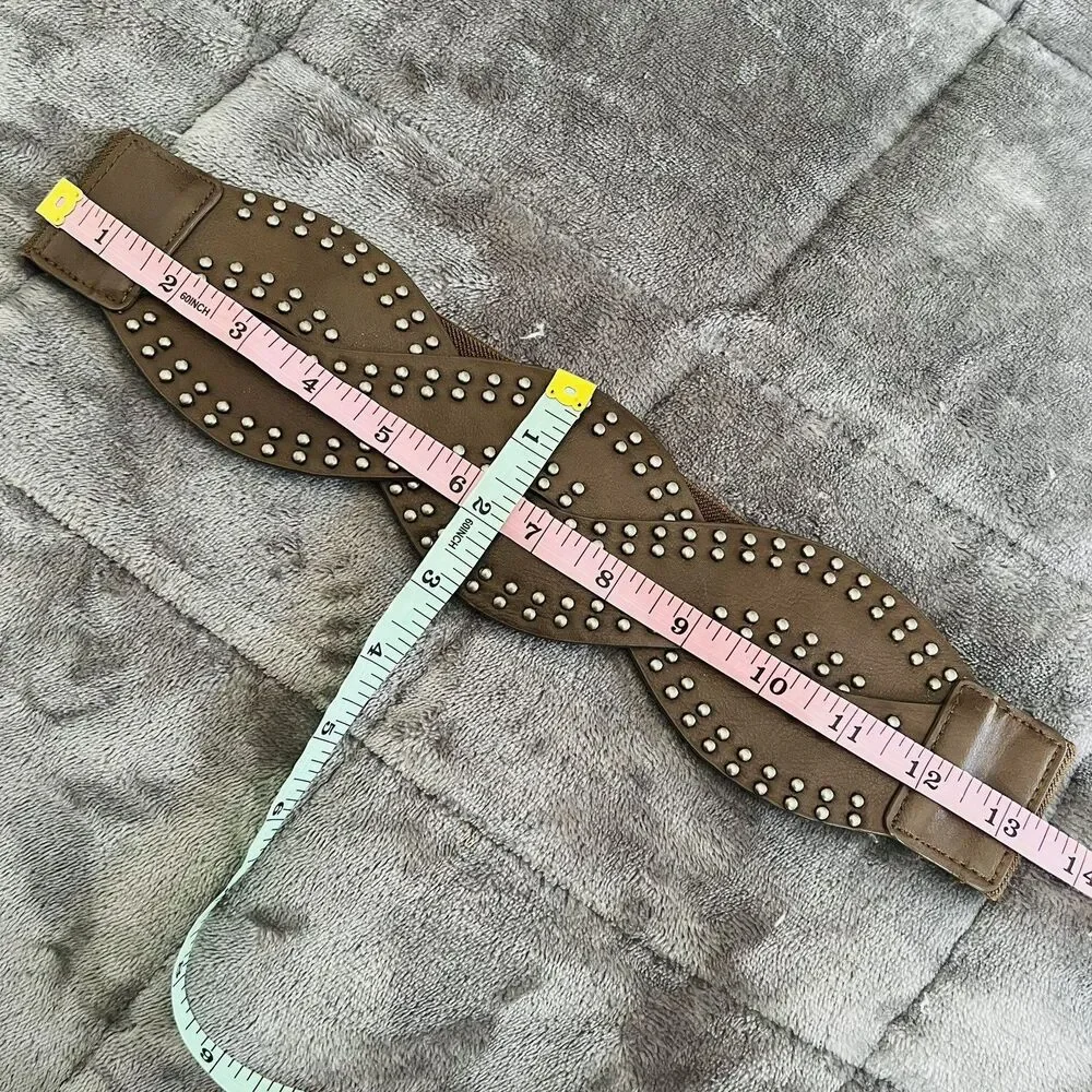 Women's Brown Vegan Faux Leather Studded Wide Braided Elastic Belt S/M 29”-31”